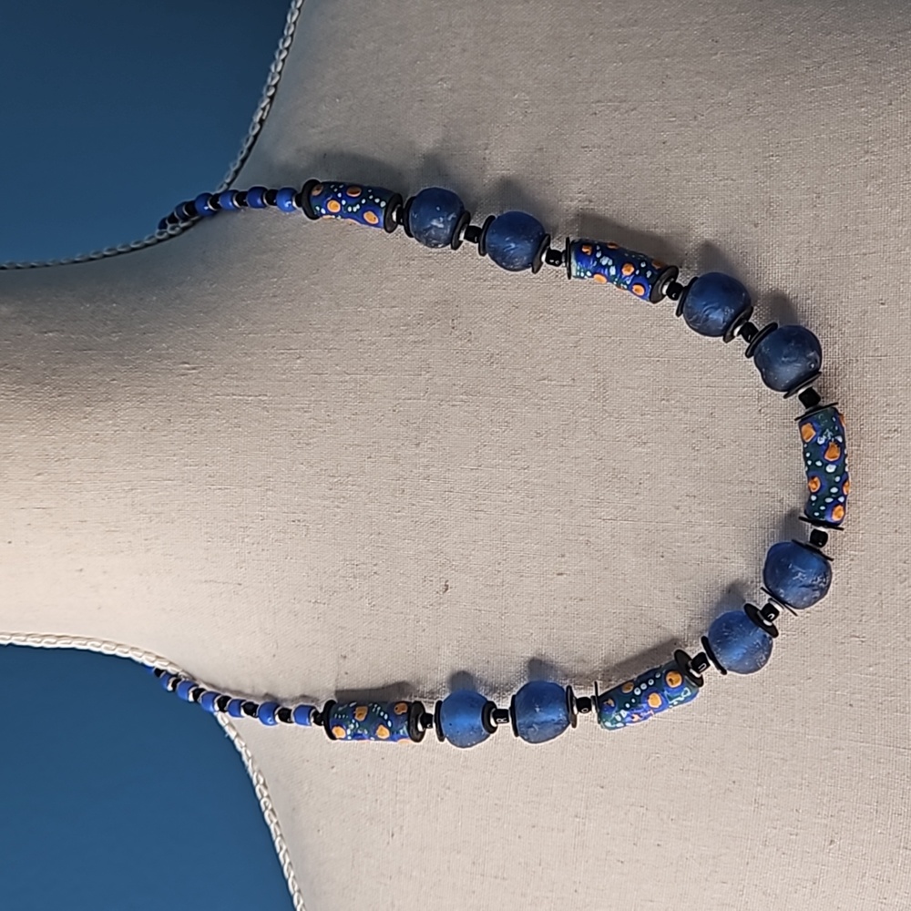 Women's Blue Orange Stone And Beaded Tribal Necklace